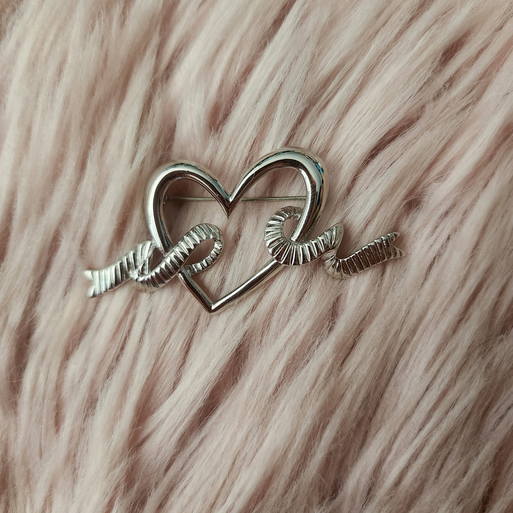 Monet Silver Heart Ribbon Brooch Vintage